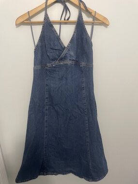 Y2K Denim Halter Backless Dress - Blue